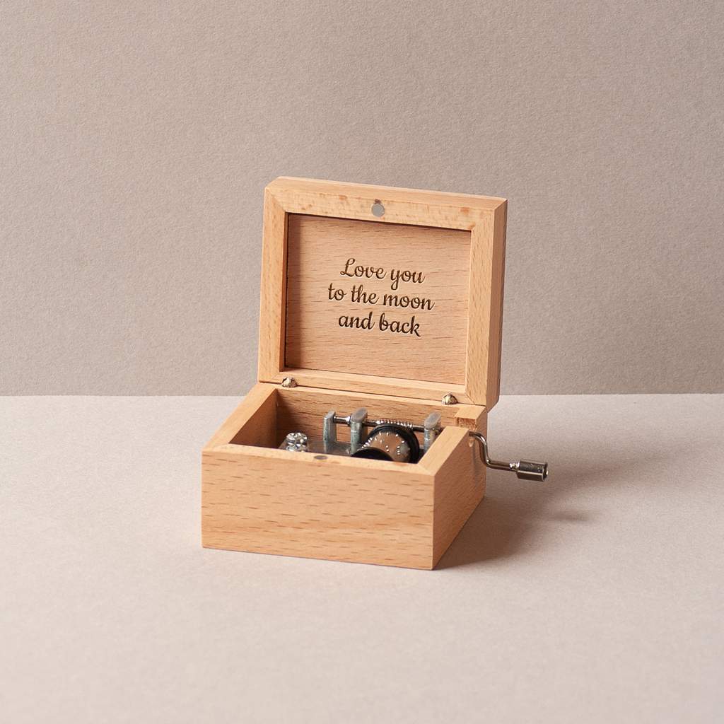 Beech wood music box with a flower and your initials and date